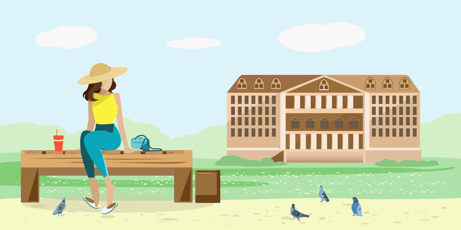 un bâtiment de musée debout dans un parc et une fille assise sur un banc vecteur