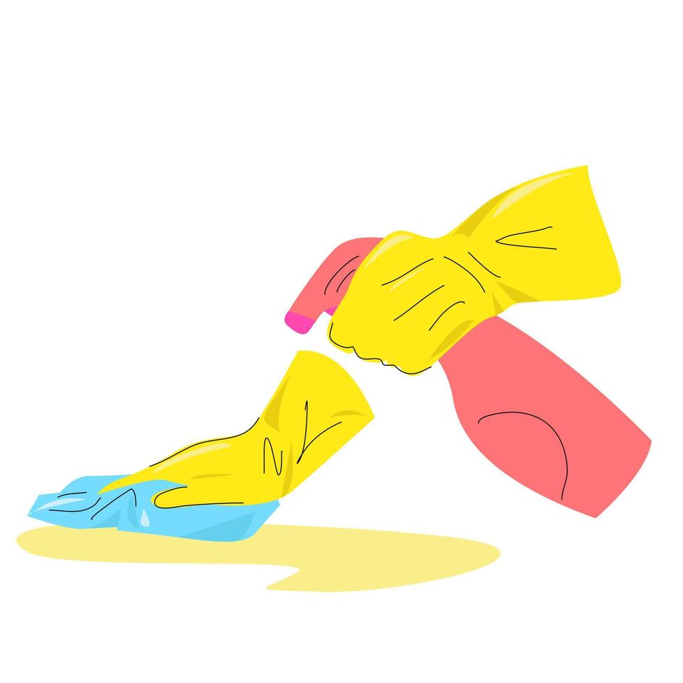 mains dans des gants jaunes avec un vaporisateur et un chiffon. vecteur
