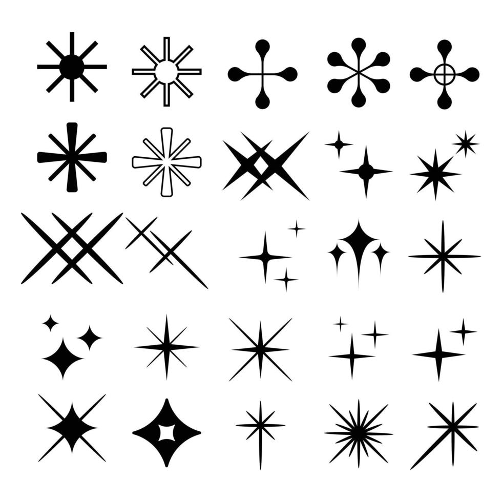 ensemble de collection d'icônes étoiles dans différents styles. illustrations d'étoiles adaptées à des éléments tels que des flocons de neige, des objets scintillants, des décorations, etc. vecteur