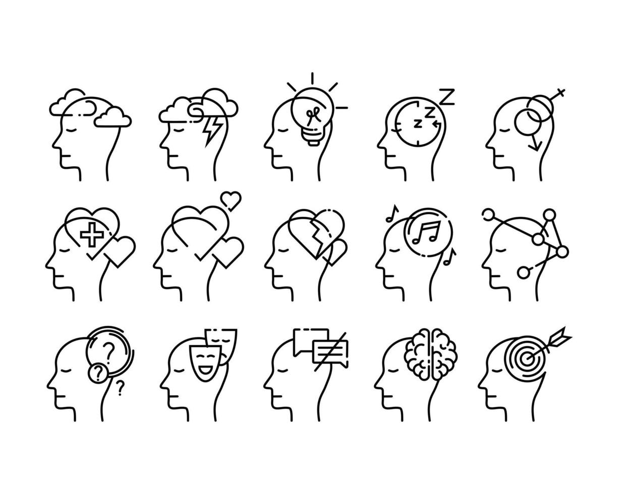 ensemble d'icônes de l'esprit humain dans un style mince de contour. la conception des attributs de la psychologie de la santé mentale. illustration vectorielle de logo simple et moderne. vecteur