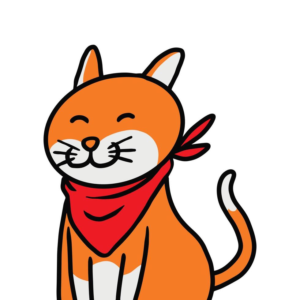 un chat souriant avec un ruban de tissu rouge sur l'illustration de son cou. un dessin d'animal vectoriel dans un style de coloration simple.