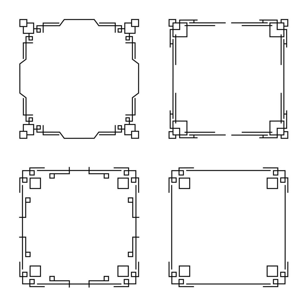 quatre cadres carrés simples avec des ornements comme bordure. ensemble de collection du cadre de contour noir sur blanc pour décorer le design, la carte, l'invitation, etc. vecteur