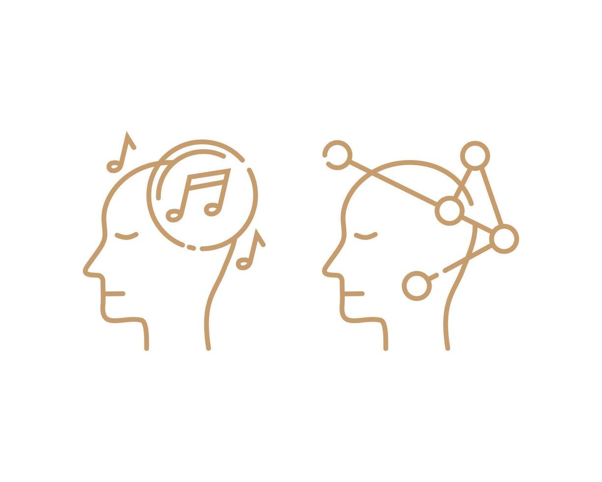 ensemble d'icônes de l'esprit humain dans un style mince de contour. l'écoute de la musique et la pensée scientifique. la conception des attributs de la psychologie de la santé mentale. illustration vectorielle de logo simple et moderne. vecteur