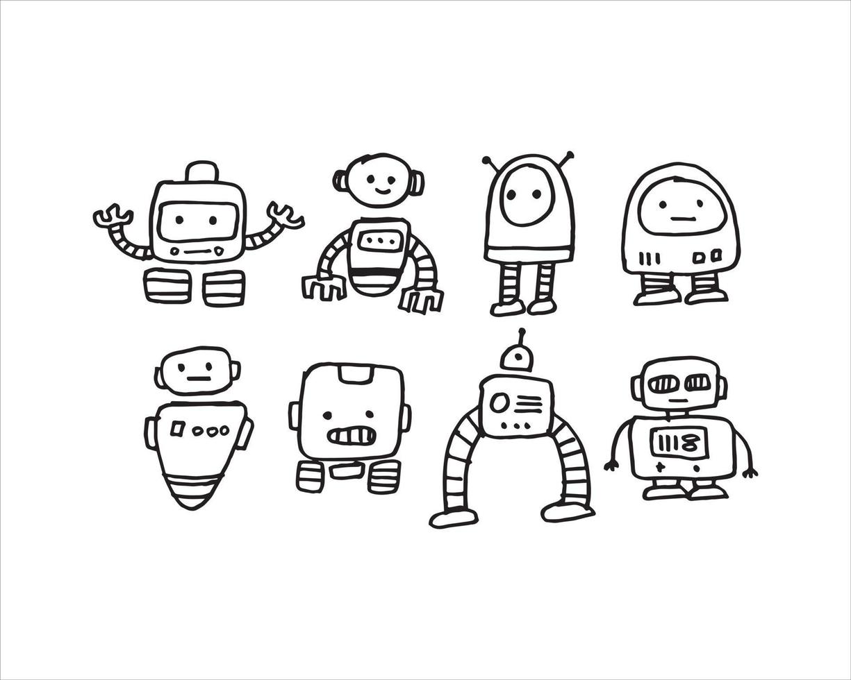une illustration vectorielle du robot. croquis de robot sur fond blanc avec différents types. un ensemble de robots doodle incolores. vecteur