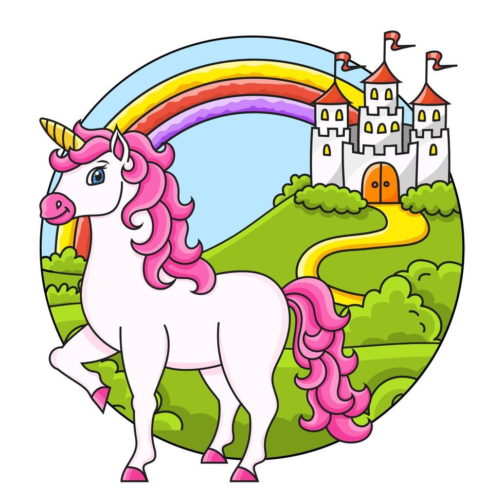 licorne mignonne. cheval de fée magique. paysage avec un beau château. personnage de dessin animé. illustration vectorielle colorée. isolé sur fond de couleur. élément de conception. vecteur