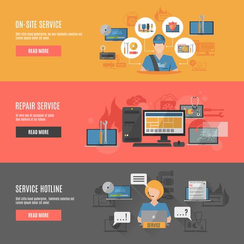 Bannières horizontales plates interactives réparation ordinateur vecteur