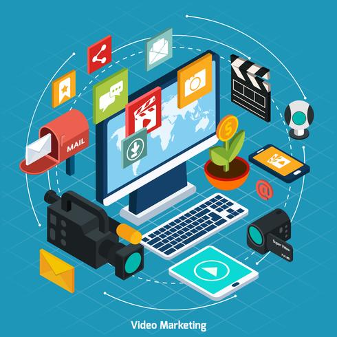 Concept isométrique de marketing vidéo vecteur