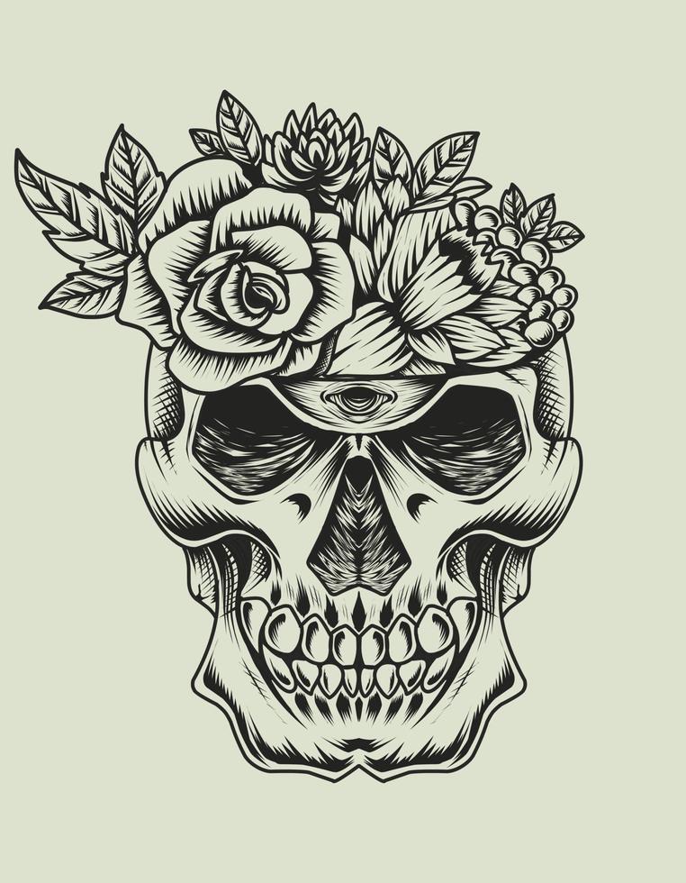 tête de crâne monochrome illustration vectorielle avec fleur vecteur
