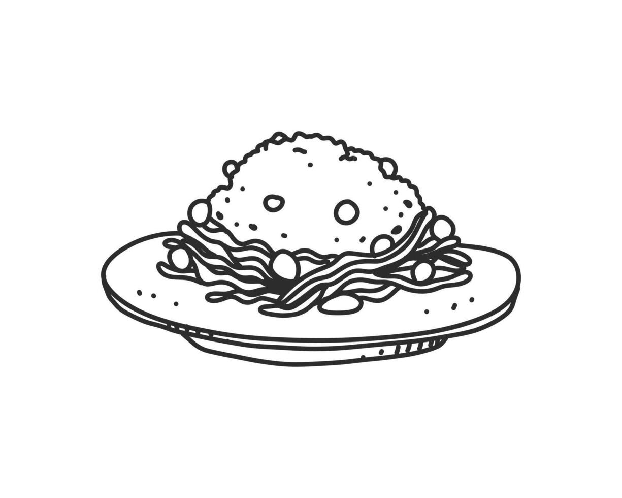 une assiette de riz mélangé illustrée dans un style dessiné à la main. une illustration de nourriture isolée sur blanc. dessin incolore du plat oriental pour la conception d'éléments décoratifs. vecteur