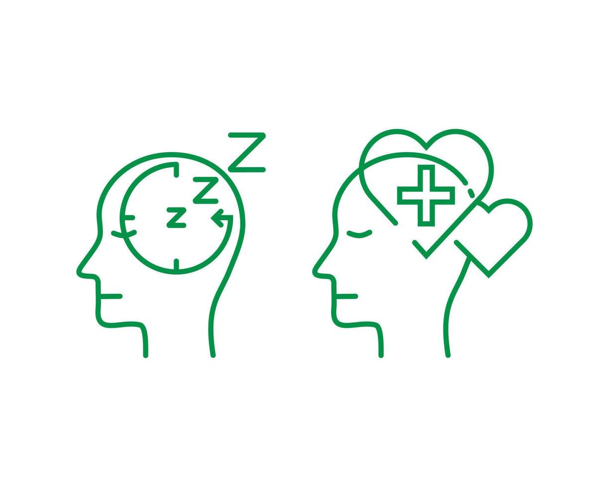 ensemble d'icônes de l'esprit humain dans un style mince de contour. dormir et guérir. la conception des attributs de la psychologie de la santé mentale. illustration vectorielle de logo simple et moderne. vecteur