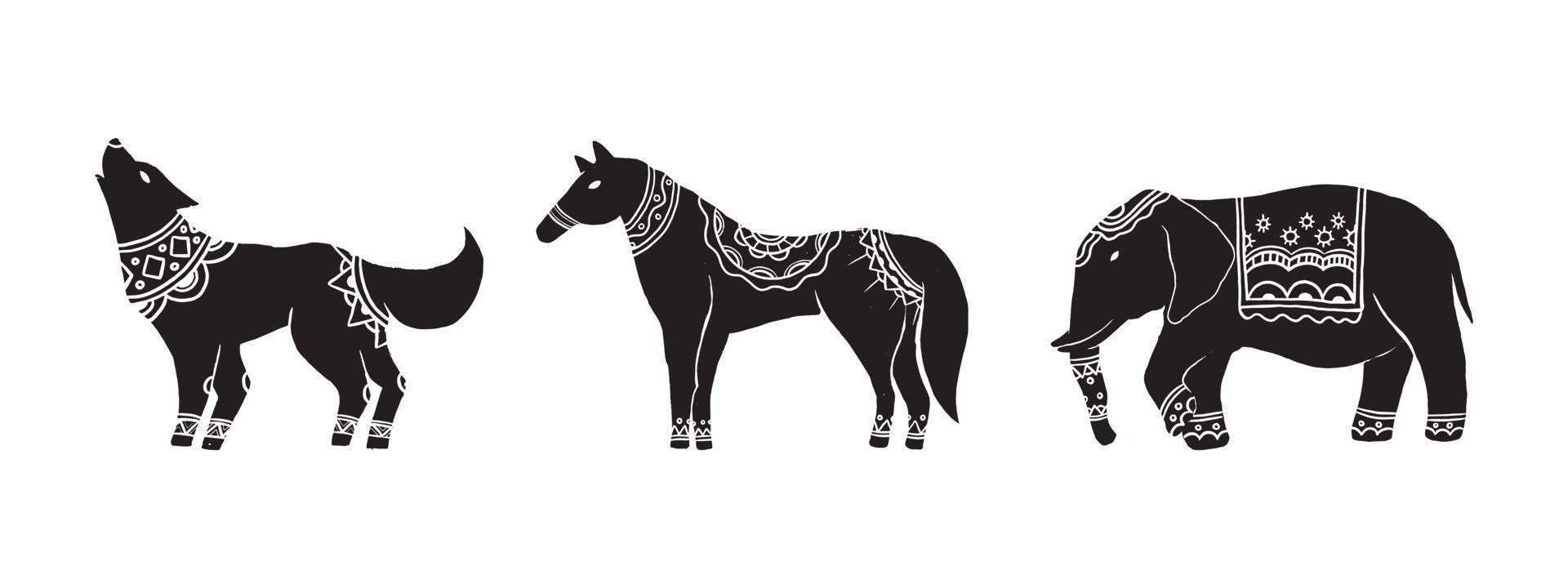 l'objet abstrait dans les styles scandinaves contemporains. illustrations vectorielles à l'encre de silhouette de loup, de cheval et d'éléphant qui ont un motif d'ornement sur le dos. vecteur