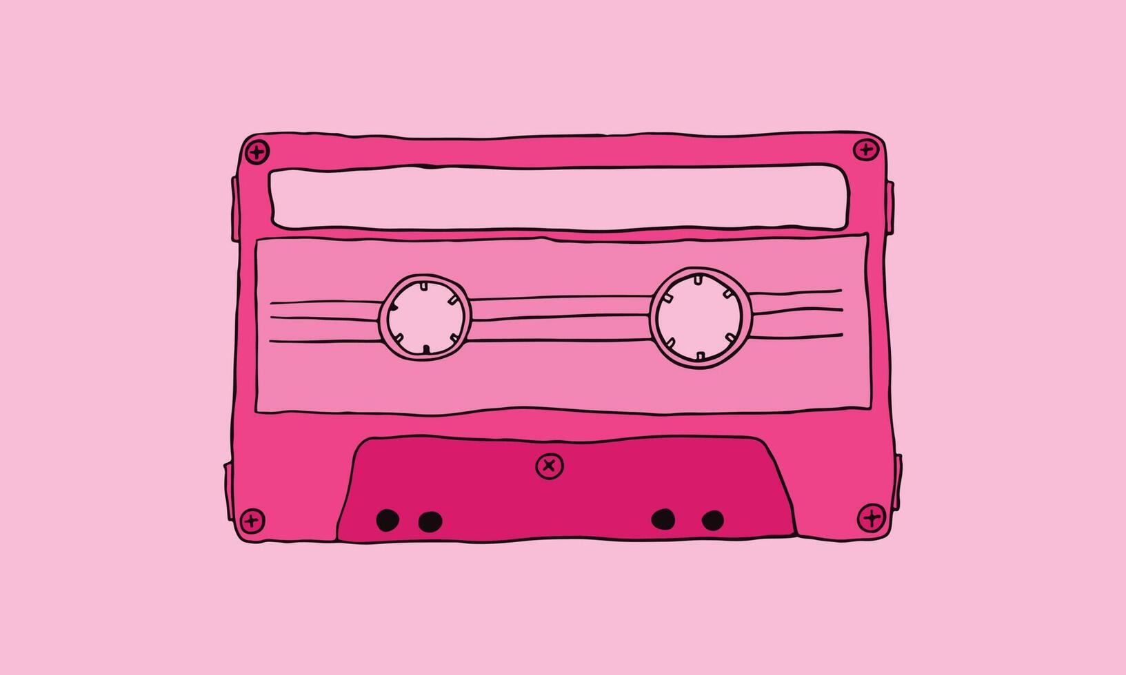 illustration de dessin animé de cassette en rose. illustration vectorielle dessinée à la main de l'ancien équipement. supports analogiques pour l'enregistrement et l'écoute dans le passé. vecteur