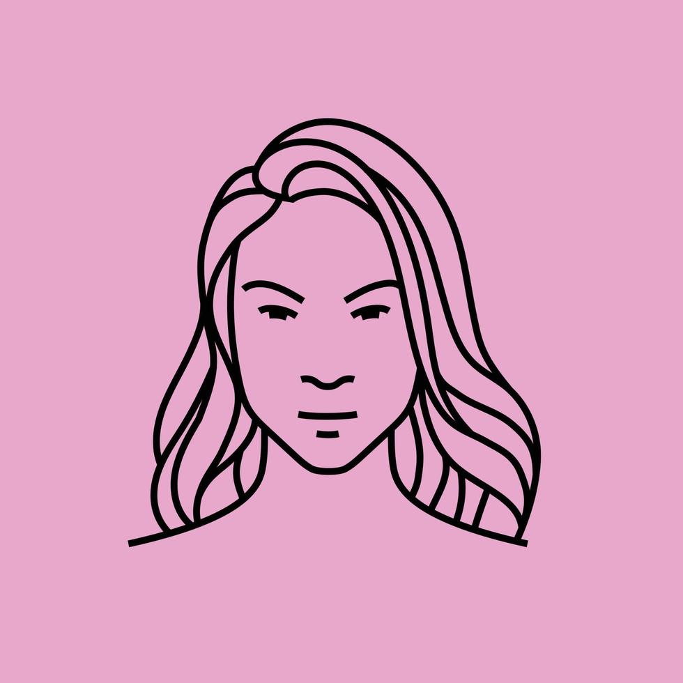 une illustration de visage de fille dans un style monoline noir. une simple idée d'élément de logo d'une fille aux cheveux longs pour les soins de la peau, le maquillage, le studio de beauté, etc. vecteur