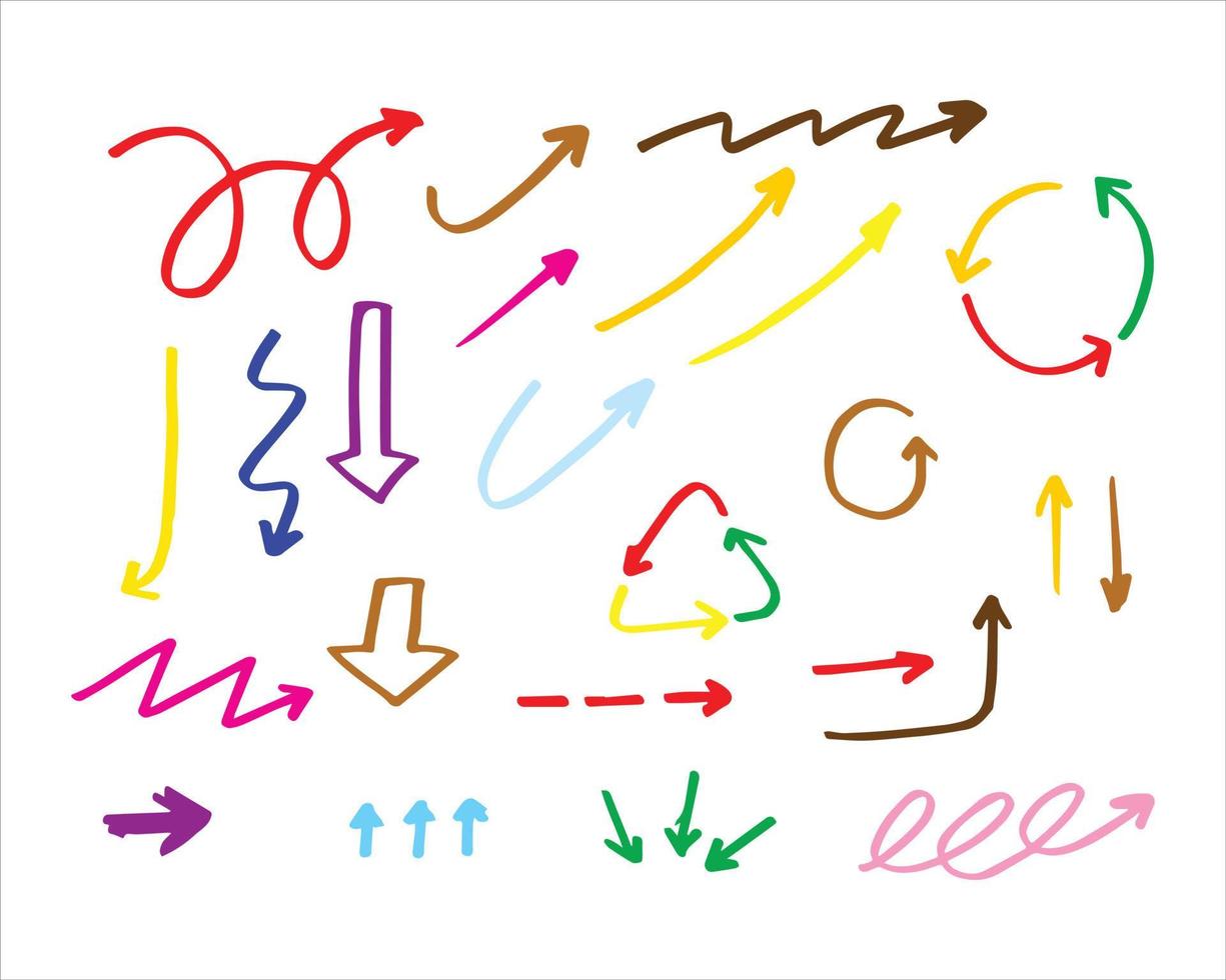 un ensemble de flèches colorées dans divers styles. illustrations de flèches dirigées faites à partir de lignes simples de griffonnage. vecteur abstrait dessiné à la main.