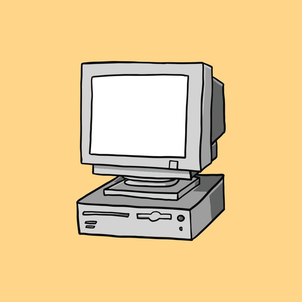 vieille illustration d'ordinateur dans un dessin animé sur fond jaune. icône du modèle informatique précoce. moniteur de bureau doodle en graphique vectoriel. vecteur