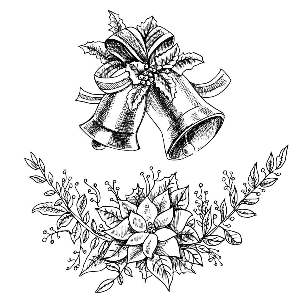 cloches de noël dessinées à la main avec un ruban, des feuilles et des baies isolés sur fond blanc. un croquis dessiné à la main d'une branche élégante avec des baies et des poinsettias. illustration vectorielle. vecteur