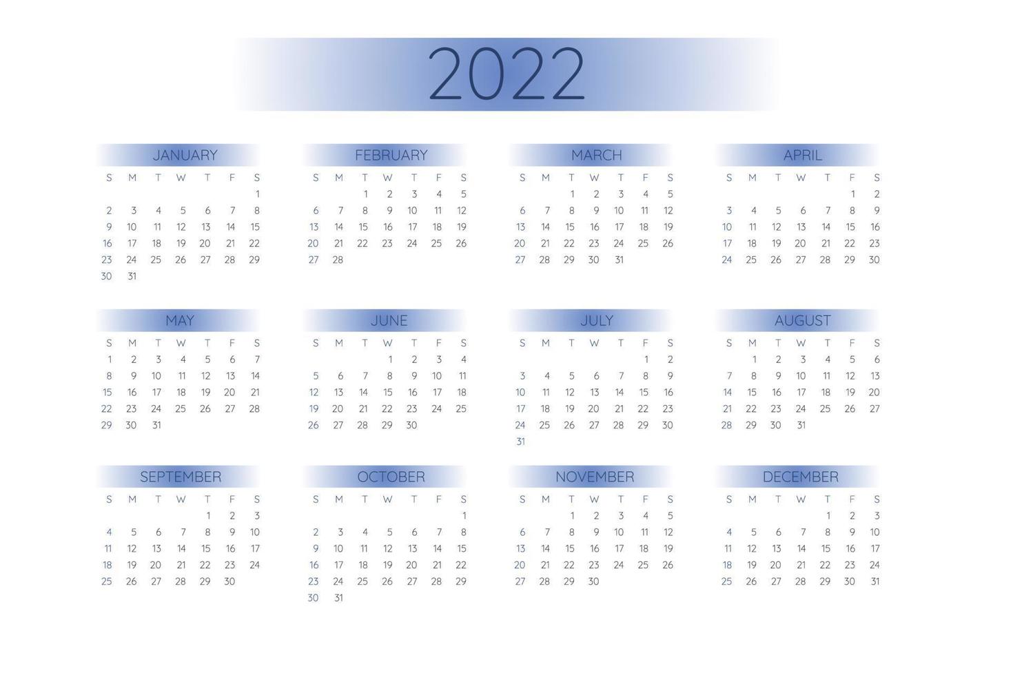 Modèle de calendrier de poche 2022 dans un style minimaliste strict avec des éléments de dégradé, format horizontal. la semaine commence le dimanche vecteur