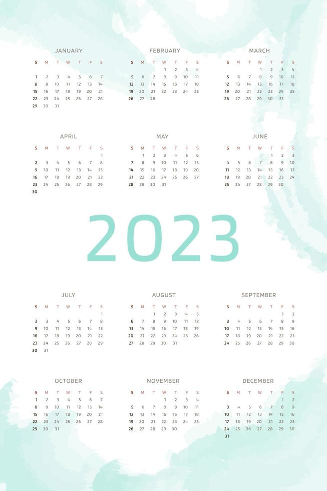 Modèle de calendrier 2023 sur fond bleu menthe dessiné à la main avec des coups de pinceau aquarelle. conception de calendrier pour l'impression et le numérique. la semaine commence le dimanche vecteur