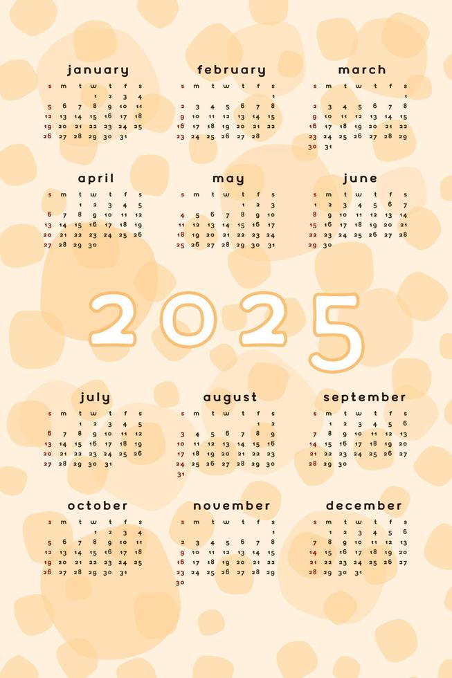 modèle de calendrier orange 2025. abstrait de format vertical avec tache de tache dessinée à la main. conception de calendrier pour l'impression et le numérique. la semaine commence le dimanche vecteur