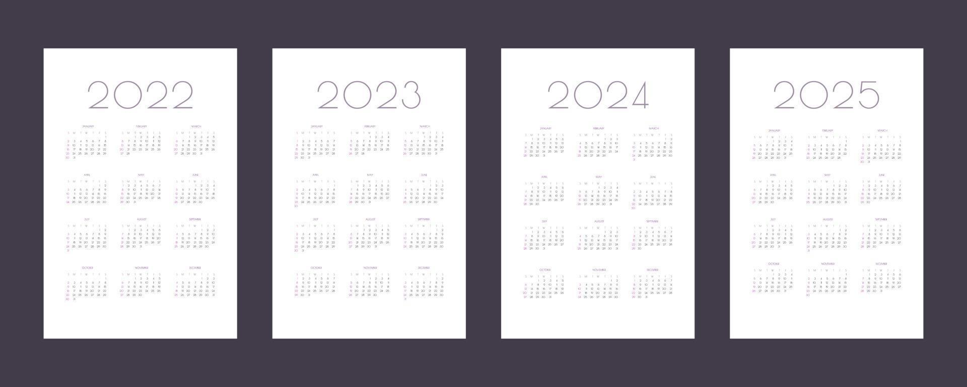 Modèle de calendrier individuel 2022 2023 2024 2025 dans un style tendance minimaliste. la semaine commence le dimanche vecteur