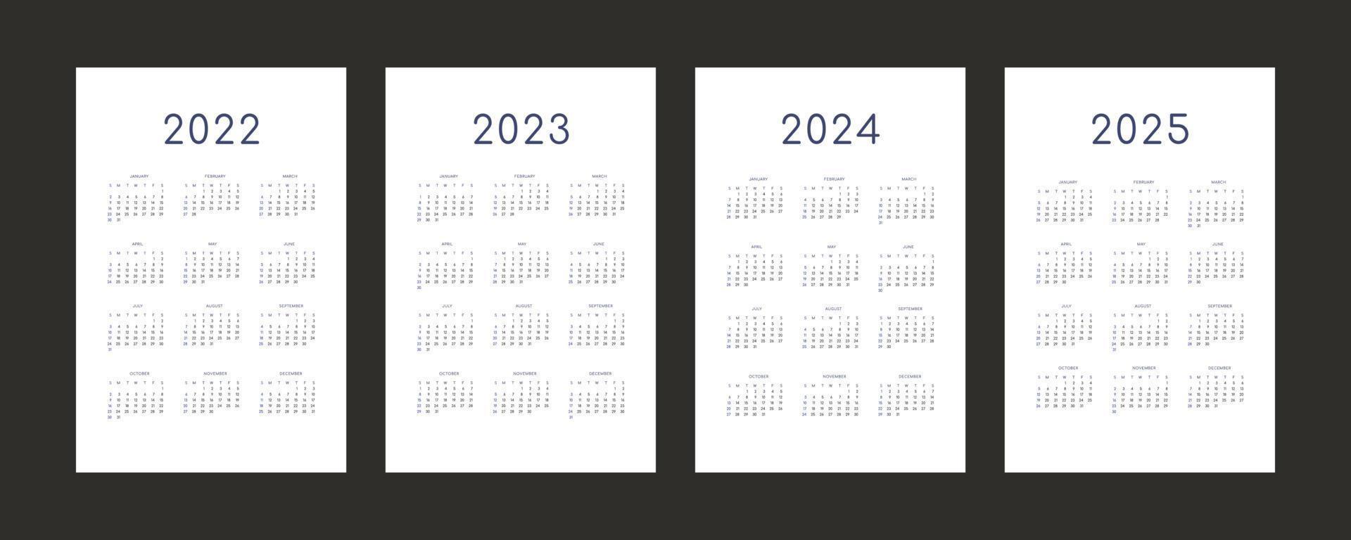 Modèle de calendrier individuel 2022 2023 2024 2025 dans un style tendance minimaliste. la semaine commence le dimanche vecteur