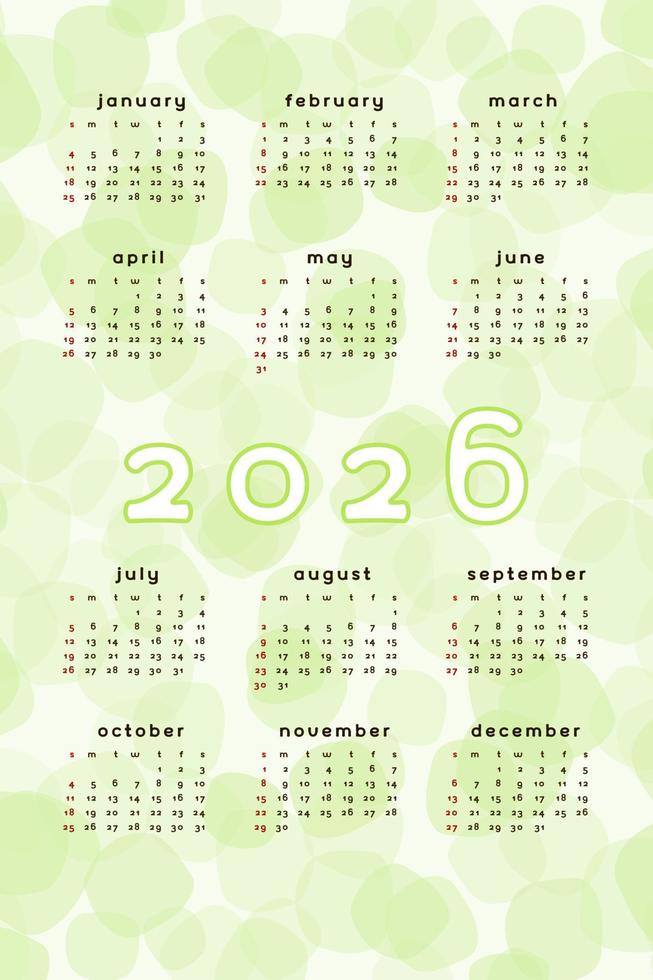 Modèle de calendrier 2026. format vertical vert lime abstrait avec tache blob spot dessiné à la main. conception de calendrier pour l'impression et le numérique. la semaine commence le dimanche vecteur