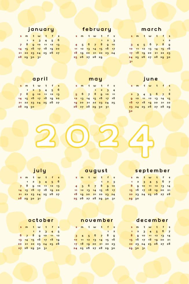 Modèle de calendrier 2024. fond abstrait jaune format vertical avec tache blob spot dessiné à la main. conception de calendrier pour l'impression et le numérique. la semaine commence le dimanche vecteur