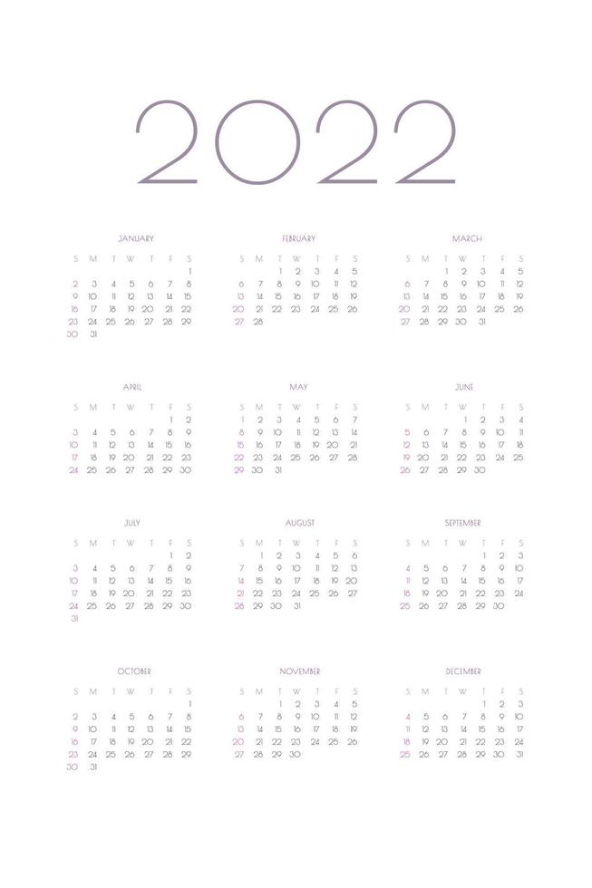 Planificateur individuel de modèle de calendrier 2022 dans un style classique minimaliste. la semaine commence le dimanche vecteur