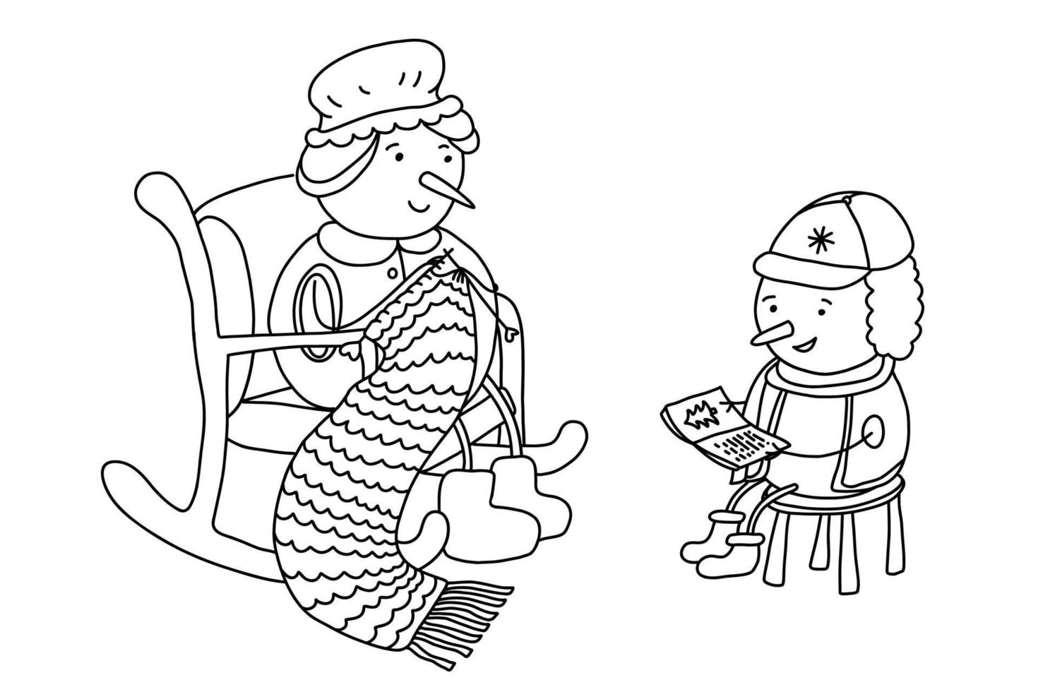 des bonhommes de neige de grand-mère et de petit-fils passent du temps ensemble. tricoter et lire des livres. doodle illustration dessinée à la main isolée sur blanc. contour noir. vecteur