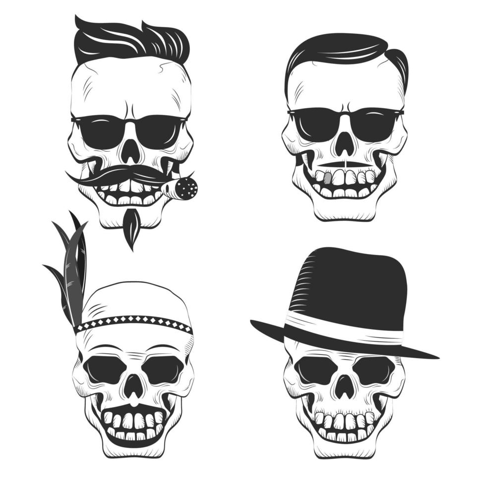 personnages de crâne rétro avec différentes coupes de cheveux, chapeau, cigare vecteur