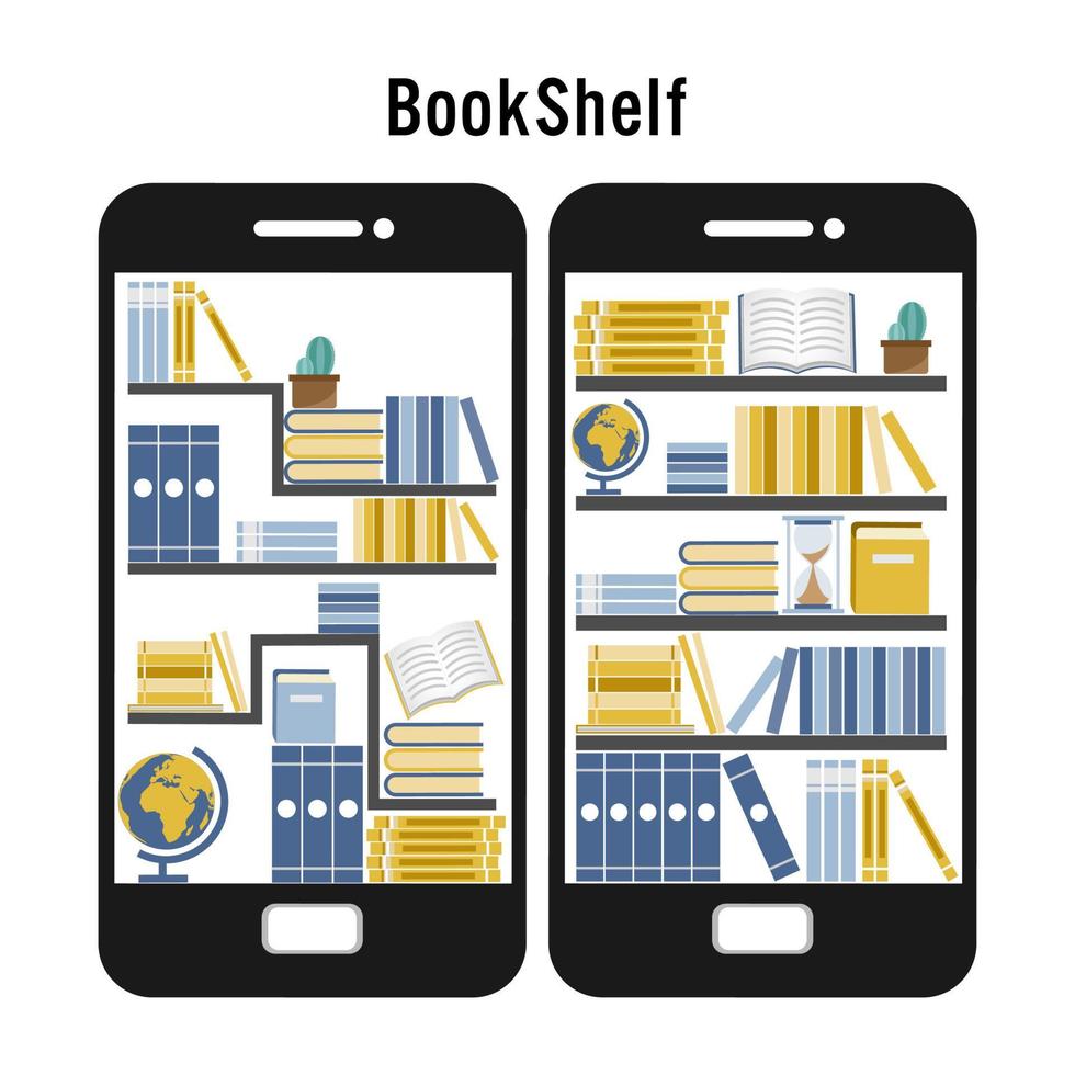 concept de micro-apprentissage. ensemble de livres dans la bibliothèque en ligne sur téléphone mobile intelligent et illustration vectorielle de conception d'icône plate. vecteur