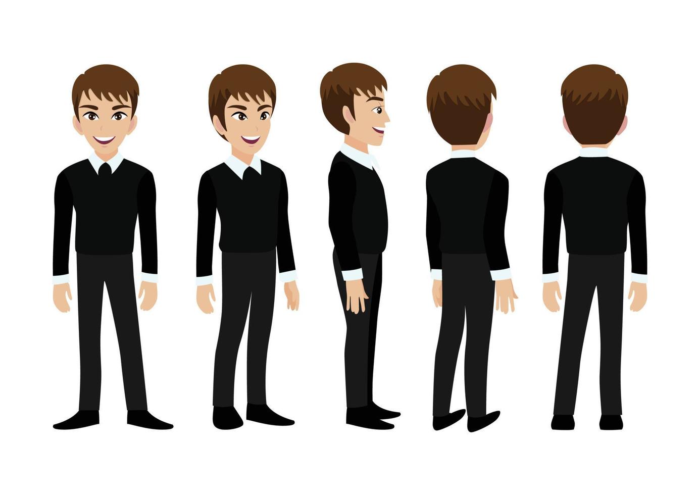 personnage de dessin animé avec l'homme d'affaires. avant, côté, arrière, personnage animé 3-4 vues. illustration vectorielle plane. vecteur