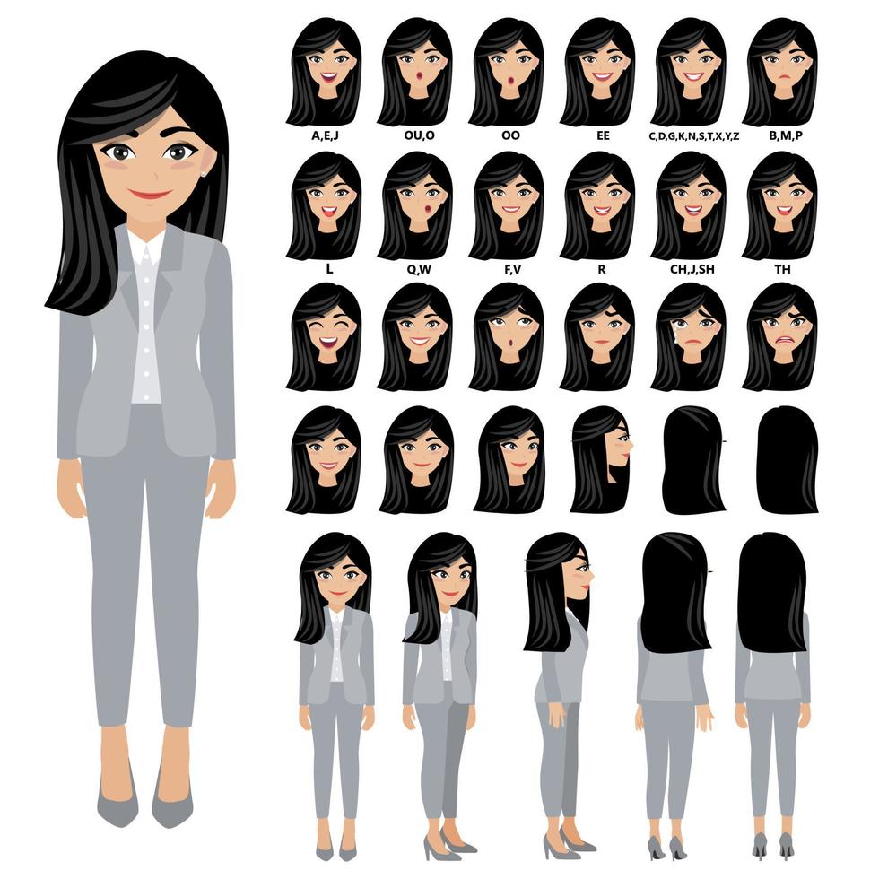 personnage de dessin animé avec une femme d'affaires en costume pour l'animation. avant, côté, arrière, personnage de vue 3-4. parties séparées du corps. illustration vectorielle plane. vecteur