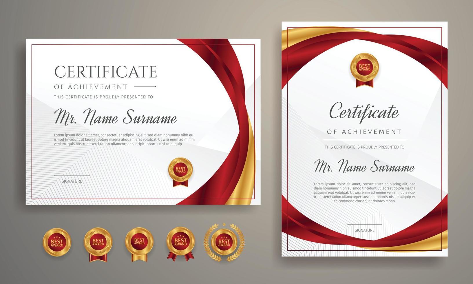modèle de certificat de réussite avec badge doré et rouge vecteur