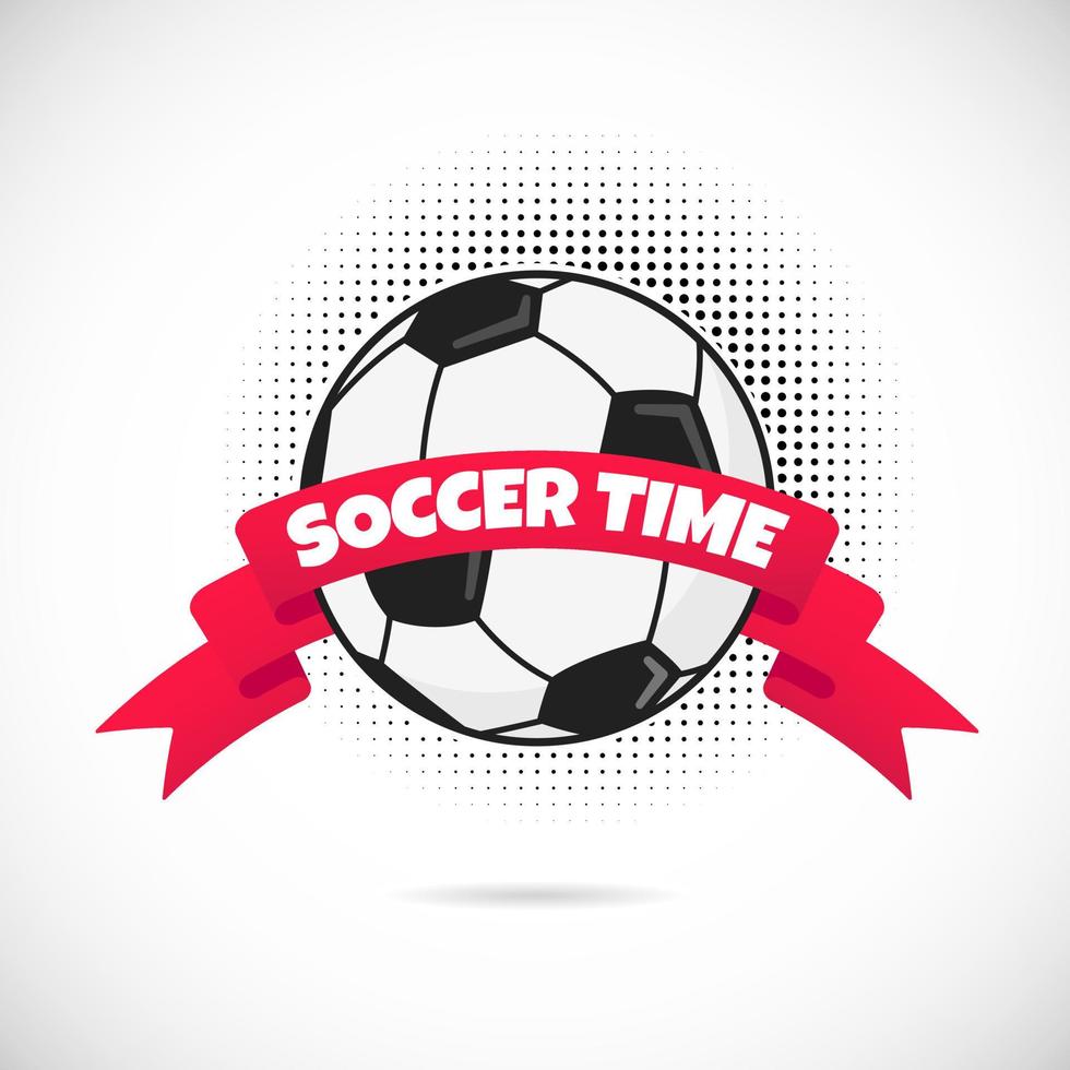 illustration vectorielle d'affiche d'équipement de conception de style plat de temps de football avec un ballon rond de football, un grand ruban rouge et un espace de texte et un effet de demi-teinte en pointillé isolé sur fond blanc. vecteur
