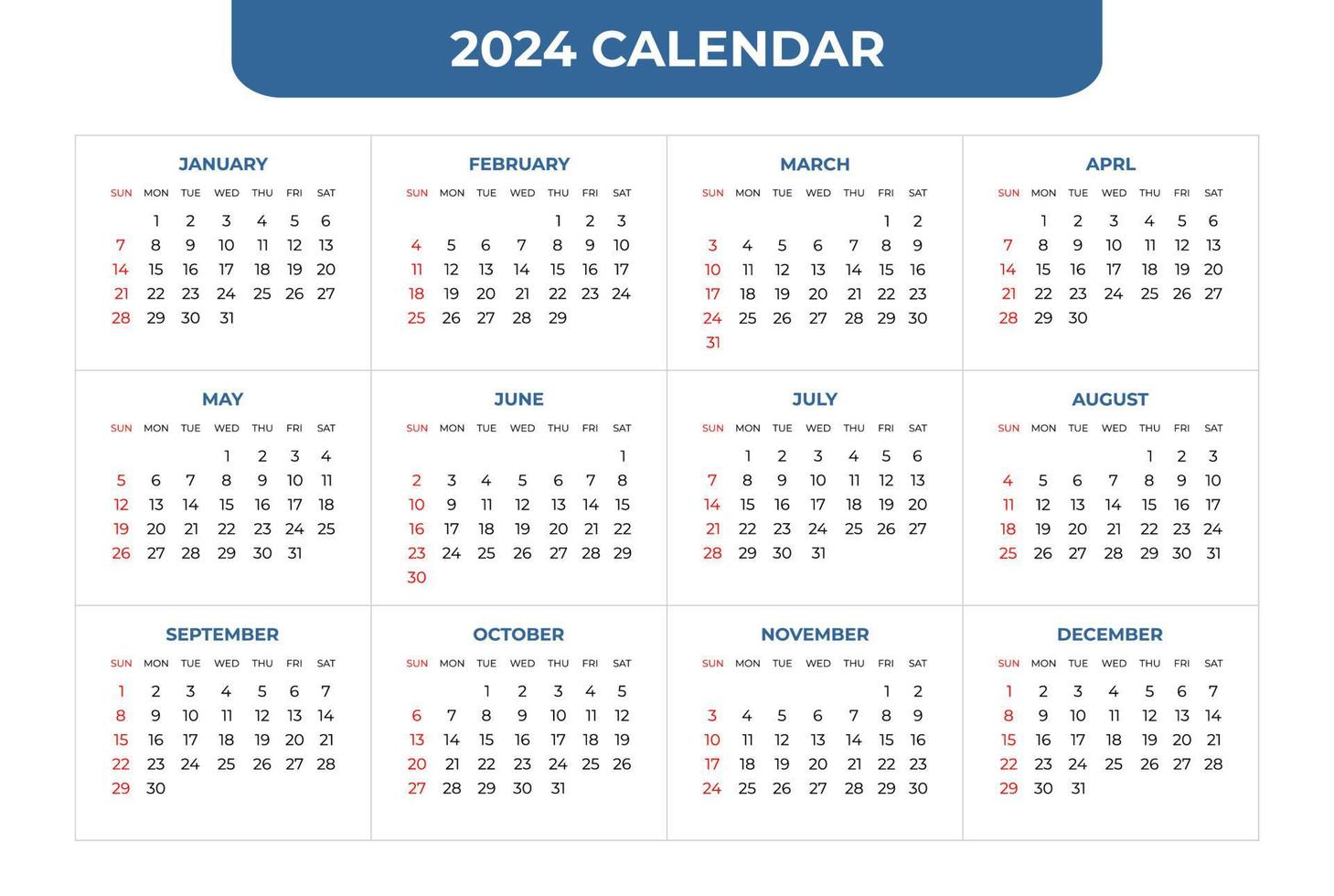 Modèle de calendrier 2024, simple et facile à utiliser vecteur