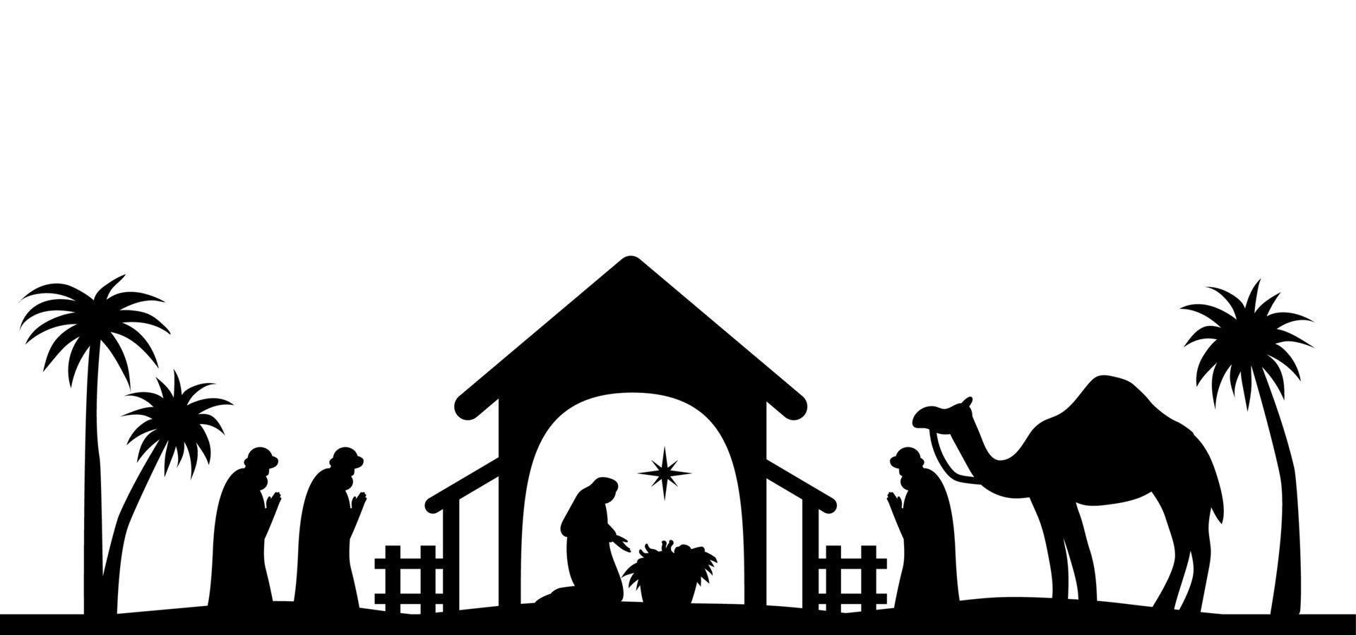sainte nuit de naissance de l'enfant jésus christ silhouette scène de religion christianisme crèche. histoire religieuse biblique des catholiques. coupé pour le scrapbooking et l'impression. illustration vectorielle. vecteur