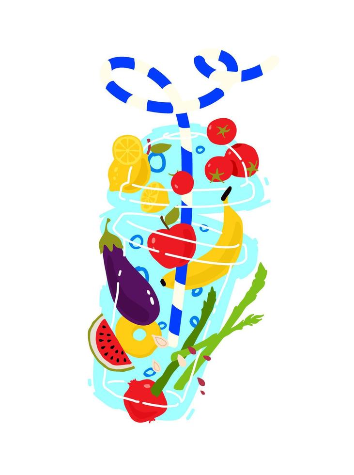 illustration de légumes et de fruits dans un verre transparent pour un smoothie avec une paille. vecteur. modèle de produits écologiques. image pour un menu de bar à smoothies ou un café végétarien. vecteur