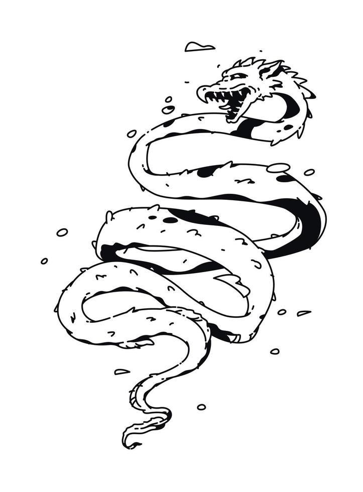vecteur d'illustration de dragon. dessin linéaire pour un tatouage. mascotte de l'entreprise. illustration pour t-shirt. serpent comme un dragon sous la forme d'une spirale.