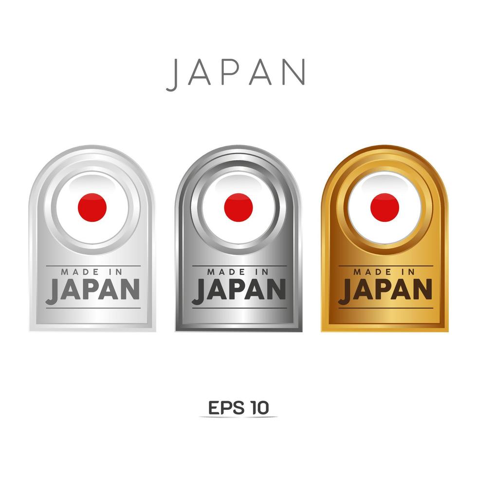 fabriqué au japon étiquette, timbre, badge ou logo. avec le drapeau national du japon. sur les couleurs platine, or et argent. emblème premium et luxe vecteur