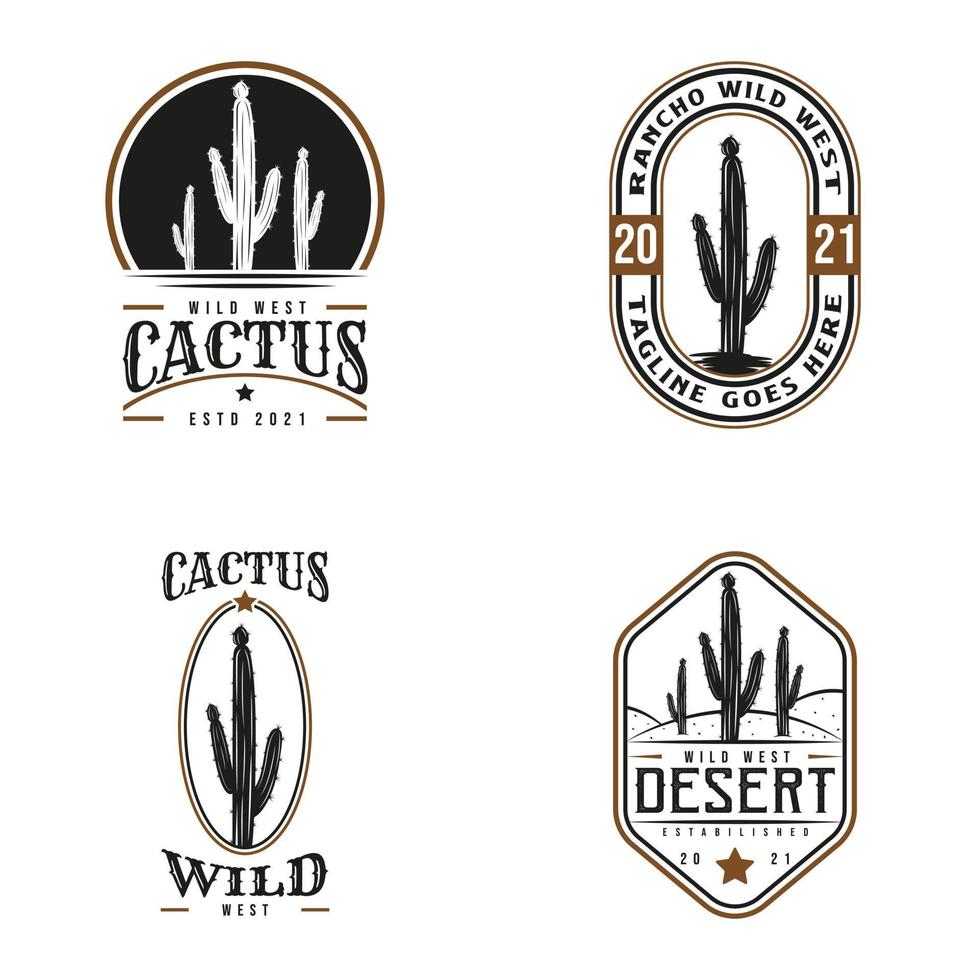 ensemble de logo de cactus rétro vintage. ranch de cow-boys du Far West. modèle de logo premium et luxe vecteur
