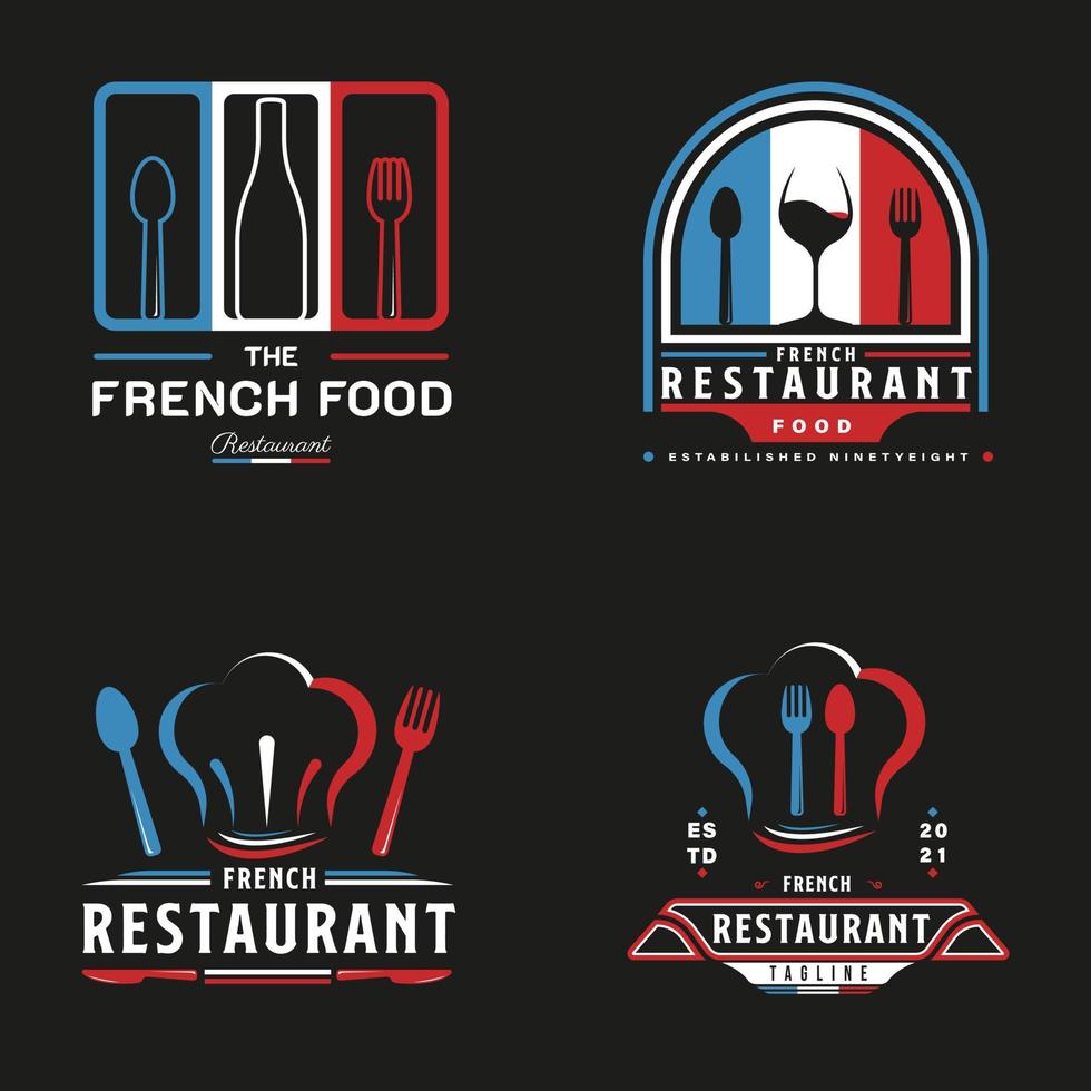 logo de restaurant de cuisine française. symbole du drapeau français avec des icônes de cuillère, fourchette et bouteille de vin vecteur