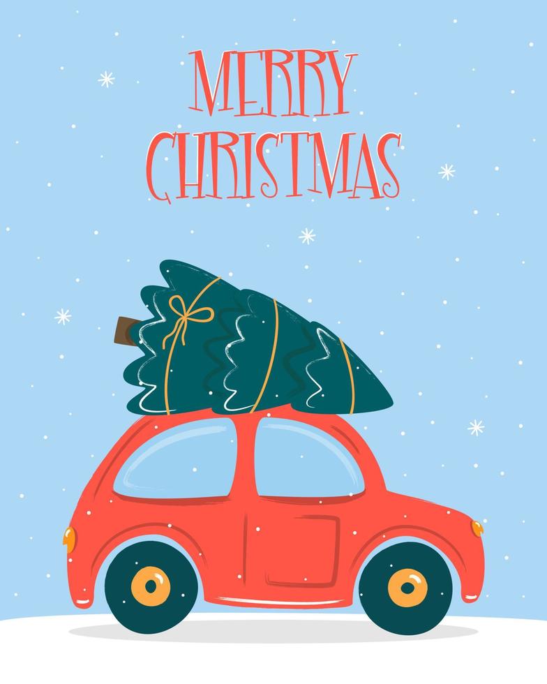 voiture rouge de noël avec arbre de noël. joyeux Noël. illustration vectorielle de style dessin animé plat. carte de Noël. vecteur