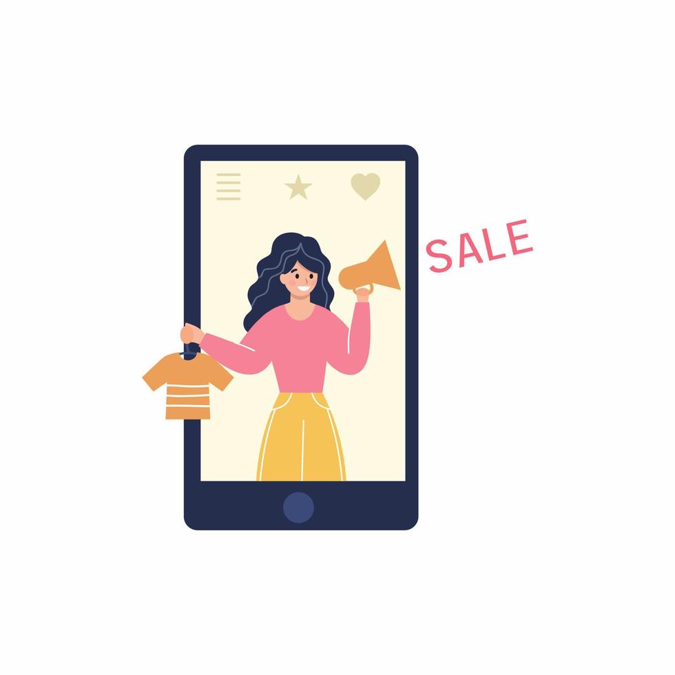 la fille tient un mégaphone dans ses mains et vous invite à des remises. promotions, remises et soldes dans la boutique en ligne. achats en ligne via smartphone. caractère plat de vecteur. achats à distance. vecteur