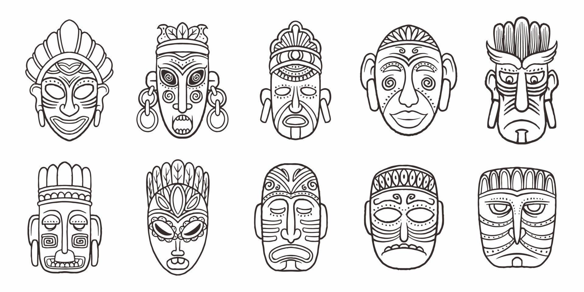 ensemble de symboles de visages maya dessinés à la main isolés sur fond blanc. vecteur