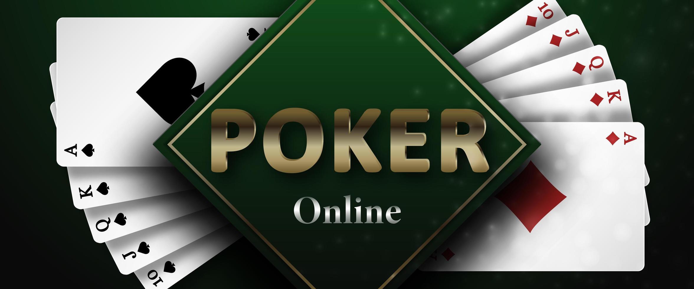 poker en ligne sur fond vert foncé et quinte flush royale de la couleur carreau et pique. arrière-plan pour la publicité de casino, poker, jeux de hasard. illustration vectorielle. vecteur