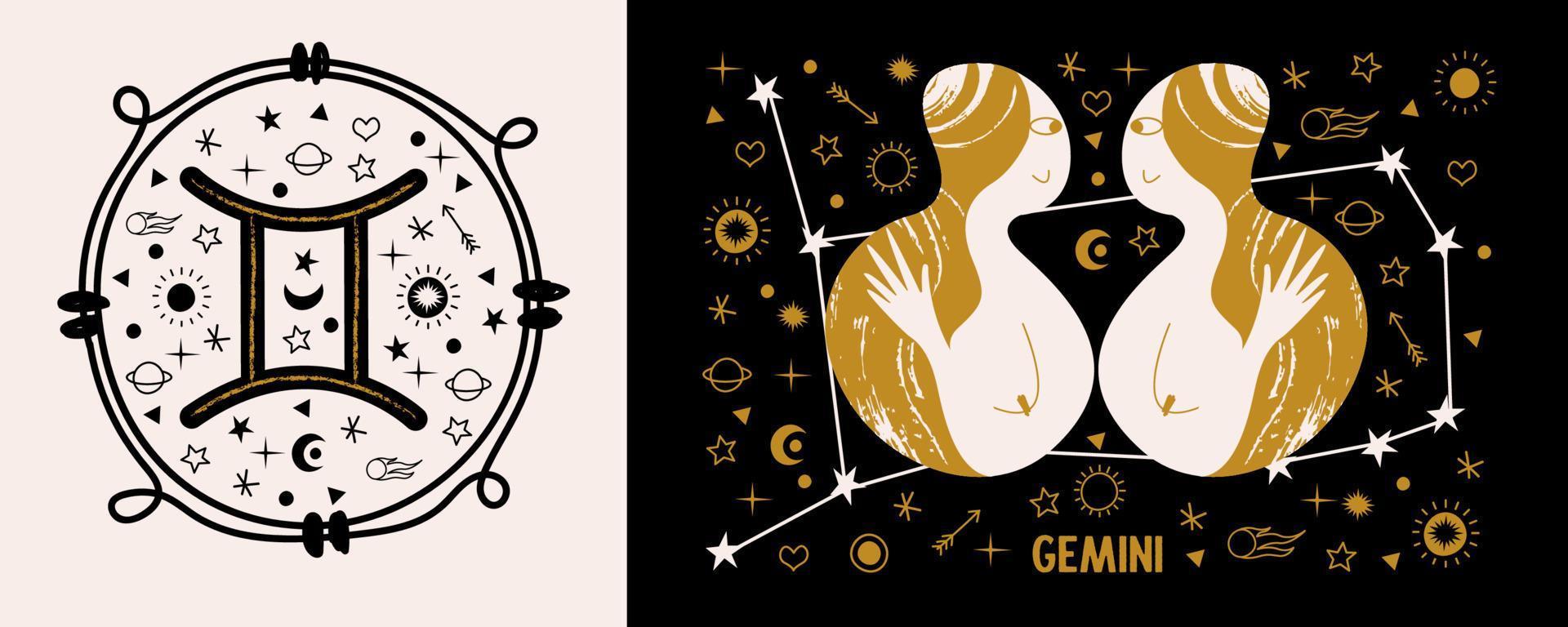 Gémeaux. signe du zodiaque. deux filles sont jumelles. constellation des gémeaux. illustration vectorielle dans un style plat. vecteur