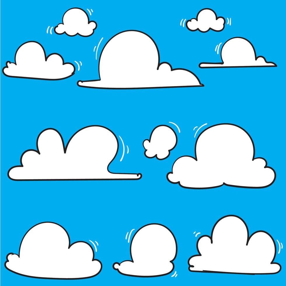 icône de nuages dessinés à la main, illustration vectorielle. symbole ou logo de nuage, différents nuages mis doodle vecteur