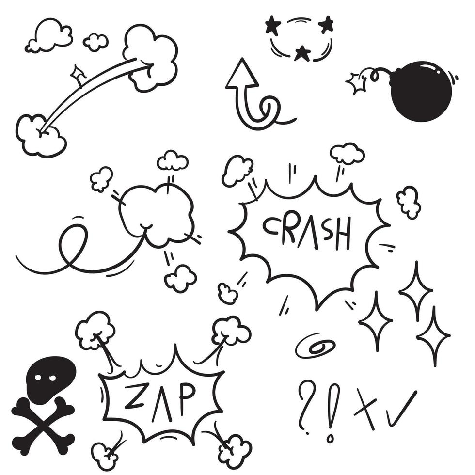 ensemble de dessin animé d'éléments comiques doodle isolé sur fond blanc avec un style dessiné à la main vecteur