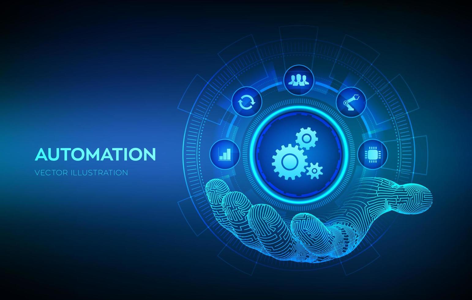 logiciel d'automatisation. iot et concept d'automatisation en tant qu'innovation, améliorant la productivité dans les processus technologiques et commerciaux. main robotique touchant l'interface numérique. illustration vectorielle. vecteur